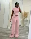 Solid Color Short Sleeve Tops Wide Leg Pants Suit QXLB-10129