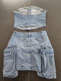 Fashion Wrap Chest Washed Denim Two Piece Skirts Set GSMJ-6993