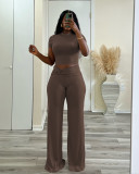 Solid Color Short Sleeve Tops Wide Leg Pants Suit QXLB-10129