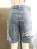 Star Tassl Raw Edge Loose Straight Denim Shorts GSMJ-6994