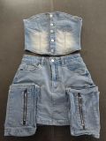 Fashion Wrap Chest Washed Denim Two Piece Skirts Set GSMJ-6993