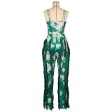Sexy Print Sling Tank Tops Tassel Pants Suit AIL-310