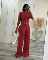 Solid Color Short Sleeve Tops Wide Leg Pants Suit QXLB-10129
