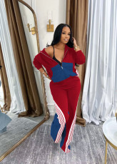 Color Block Zipper Sport Two Piece Pants Set TE-4736