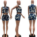 Multi-Pocket Inked Print Shorts Denim 2 Piece Set TK-6339