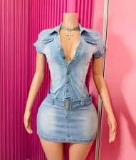 Fashion Denim Short Sleeve Mini Dress MEM-88635
