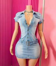 Fashion Denim Short Sleeve Mini Dress MEM-88635