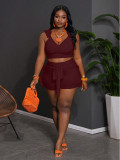 Ruffle V Neck Backless Two Piece Shorts Set MDF-5652