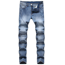 Men's Fashion Zipper Pleated Holes Straight Jeans GBBF-706
