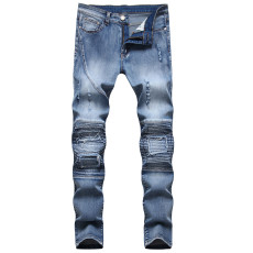 Men's Fashion Zipper Pleated Holes Straight Jeans GBBF-706