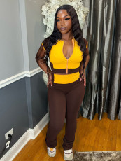 Short Sleeve Color Block Micro Pants Suit CH-25019