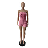 Solid Color Wrap Chest Denim Romper MEM-88636