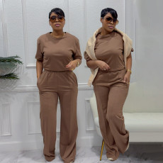 Solid Color Short Sleeve Loose Two Piece Pants Set SFY-658