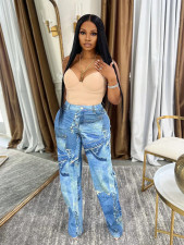 Fashion Denim Print Loose Straight Pants SH-391343