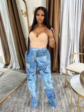 Fashion Denim Print Loose Straight Pants SH-391343