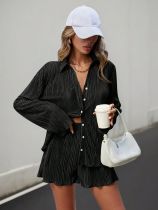 Long Sleeve Press Pleated Two Piece Shorts Set BS-1392
