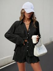 Long Sleeve Press Pleated Two Piece Shorts Set BS-1392