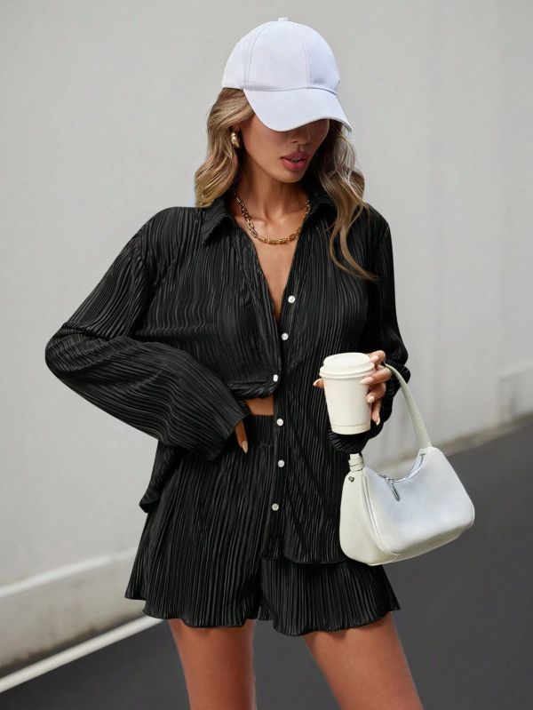 Long Sleeve Press Pleated Two Piece Shorts Set BS-1392