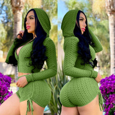 Solid Color Zipper Hooded Two Piece Shorts Set LSL-6421