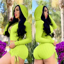 Solid Color Zipper Hooded Two Piece Shorts Set LSL-6421