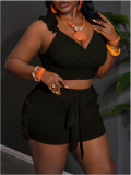 Ruffle V Neck Backless Two Piece Shorts Set MDF-5652