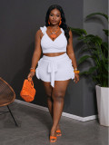 Ruffle V Neck Backless Two Piece Shorts Set MDF-5652