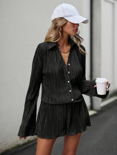 Long Sleeve Press Pleated Two Piece Shorts Set BS-1392