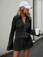 Long Sleeve Press Pleated Two Piece Shorts Set BS-1392