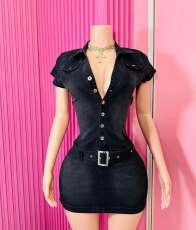 Fashion Denim Short Sleeve Mini Dress MEM-88635