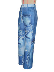 Fashion Denim Print Loose Straight Pants SH-391343