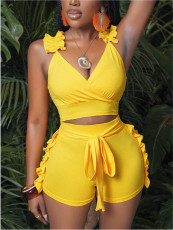Ruffle V Neck Backless Two Piece Shorts Set MDF-5652