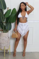 Crochet Hollow Out Tube Top Tassel Skirt Suit YMEF-53035