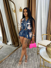 Multi-Pocket Inked Print Shorts Denim 2 Piece Set TK-6339