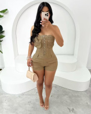 Solid Color Wrap Chest Denim Romper MEM-88636
