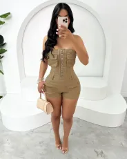 Solid Color Wrap Chest Denim Romper MEM-88636
