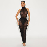 Mesh See Through Bodysuit Pleated Skirt Two Piece Set MXBF-D25ST080