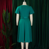 Plus Size Square Neck Solid Corsage High Waist Midi Dress GATE-568