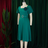 Plus Size Square Neck Solid Corsage High Waist Midi Dress GATE-568