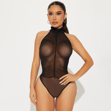 Mesh See Through Bodysuit Pleated Skirt Two Piece Set MXBF-D25ST080