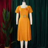 Plus Size Square Neck Solid Corsage High Waist Midi Dress GATE-568