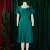 Plus Size Square Neck Solid Corsage High Waist Midi Dress GATE-568