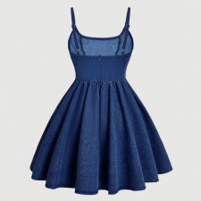 Solid Color Denim Sling Mini Dress GDAM-218588