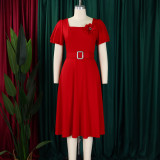 Plus Size Square Neck Solid Corsage High Waist Midi Dress GATE-568