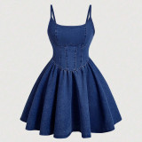 Solid Color Denim Sling Mini Dress GDAM-218588