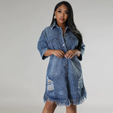Plus Size Fashion Denim Holes Tassel Midi Dress GDAM-218680