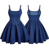 Solid Color Denim Sling Mini Dress GDAM-218588