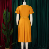 Plus Size Square Neck Solid Corsage High Waist Midi Dress GATE-568