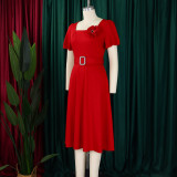 Plus Size Square Neck Solid Corsage High Waist Midi Dress GATE-568