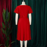 Plus Size Square Neck Solid Corsage High Waist Midi Dress GATE-568
