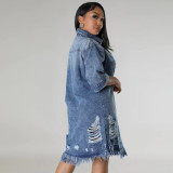 Plus Size Fashion Denim Holes Tassel Midi Dress GDAM-218680